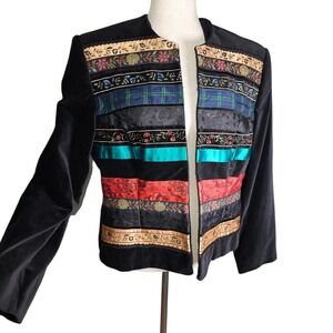 Suzanne Bristol Black Velvet Colorful Patchwork Jacket Size 14 Zip Up